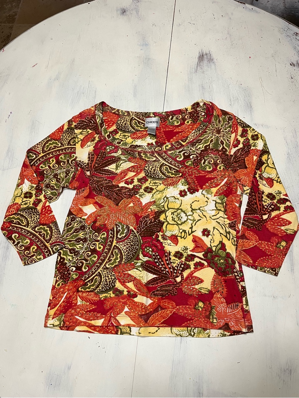Chico’s Exotic Floral Cotton Top 3/4 Sleeve Sequins & Stitched Embellishments